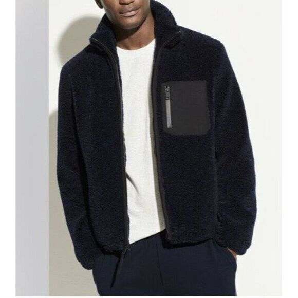NWOT  Vince Men’s Navy Blue Sherpa Faux Shearling Fuzzy Full ZipJacket coat - Picture 2 of 13
